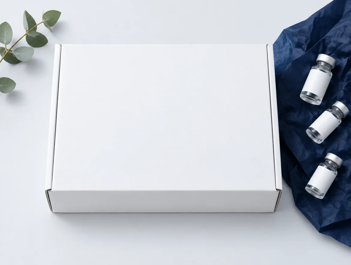 Closed white shipping mailer with your live brand printed on the lid